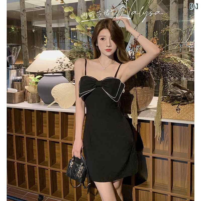 レディース ワンピース サスペンダー ドレス 魅惑的 リトル ブラック リボン スリム ウエスト ショート パーティー