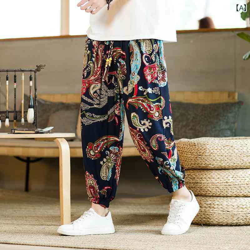 メンズ カジュアル 夏 パンツ ズボン ゆったり サマー 快適 中華風 男性用 冷感 薄手 春秋 伸縮性 大きいサイズ ビーチ コットンリネン ロング