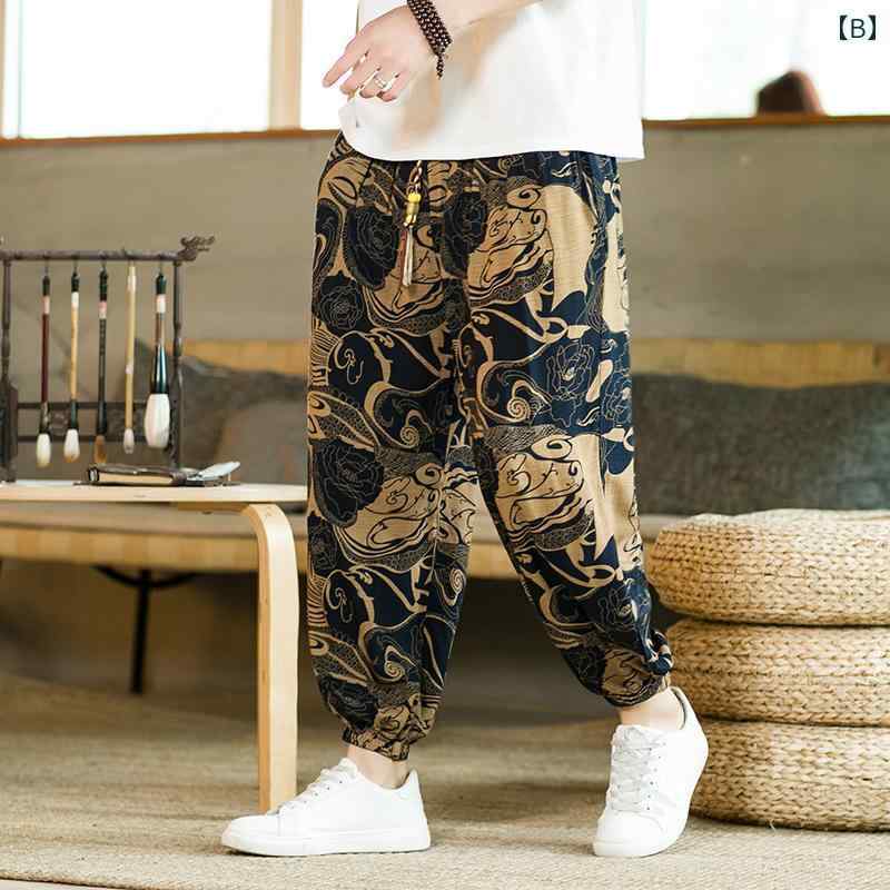 メンズ カジュアル 夏 パンツ ズボン ゆったり サマー 快適 中華風 男性用 冷感 薄手 春秋 伸縮性 大きいサイズ ビーチ コットンリネン ロング