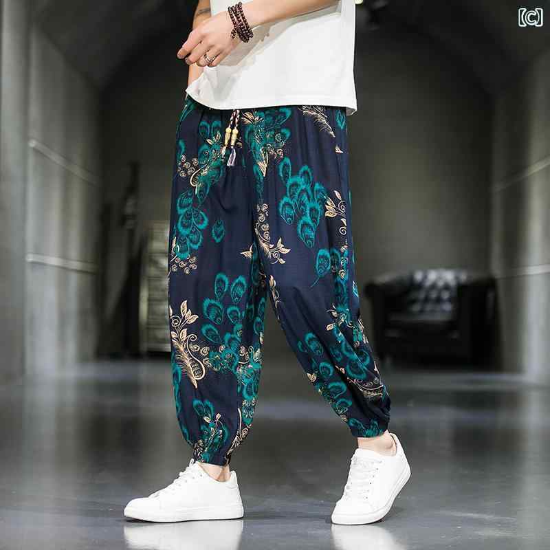 メンズ カジュアル 夏 パンツ ズボン ゆったり サマー 快適 中華風 男性用 冷感 薄手 春秋 伸縮性 大きいサイズ ビーチ コットンリネン ロング