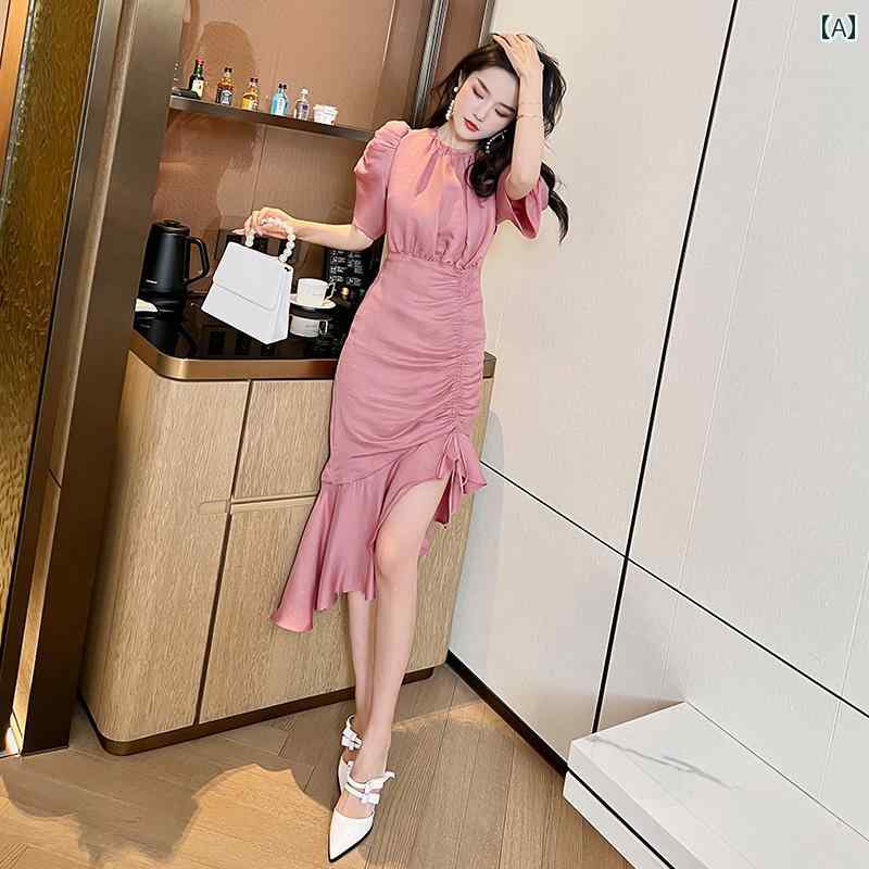 レディース 夏 ワンピース おしゃれ フレンチ ピンク パフスリーブ 不規則 ドレス 女性 ファッション フレッシュ 美しく スタイリッシュ スカート