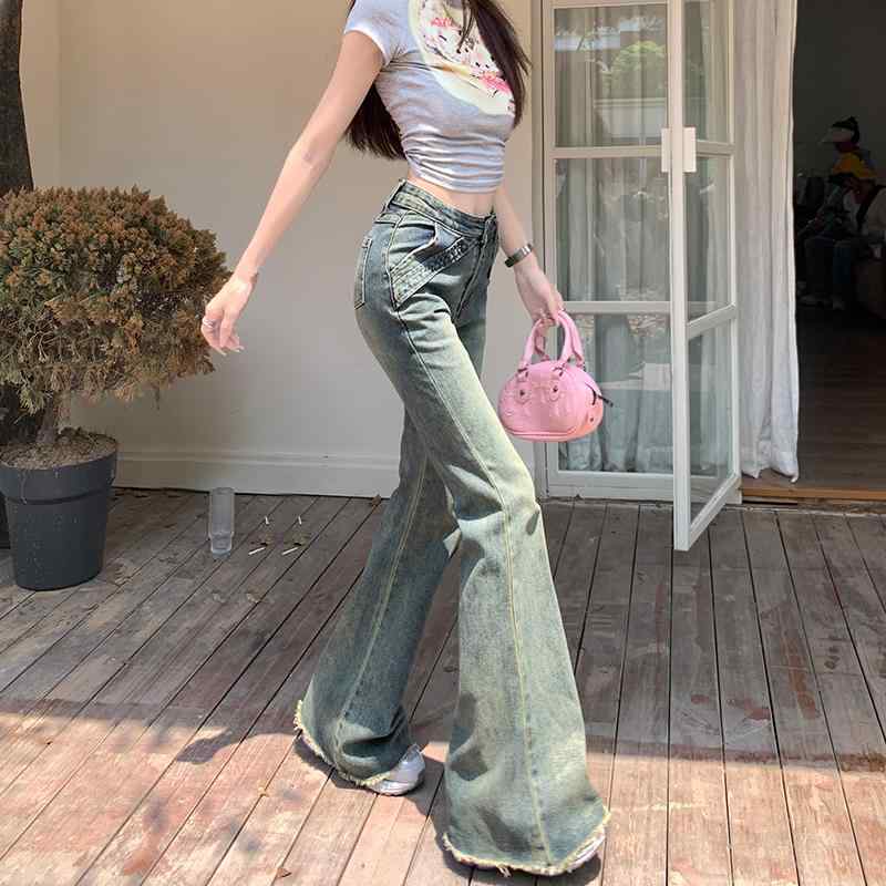 Capri Pants - デニムパンツ レディース スタイリッシュ アメリカン レトロ ガールズ 海賊 ジーンズ 女性 ハイウエスト 夏 ストレッチ スリムフィット フルレングス フレアジーンズ
