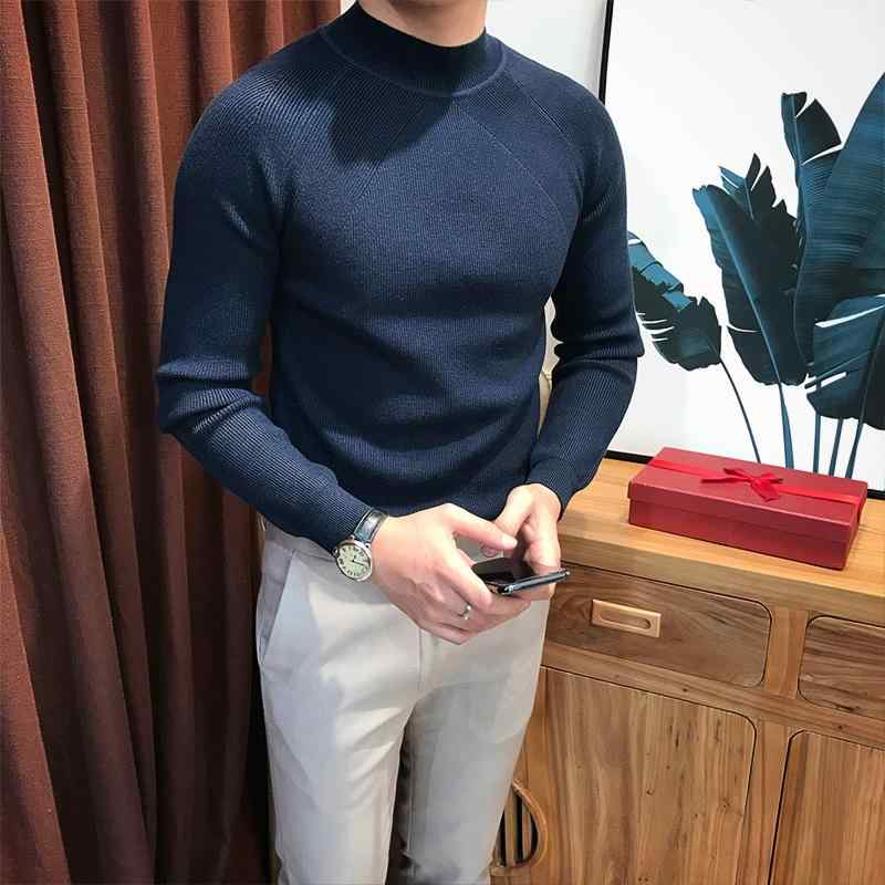 メンズ 秋 冬 ニット 軽量 大人 無地 ハーフ タートルネックセーター スリム 韓国 快適 ボトム セーター