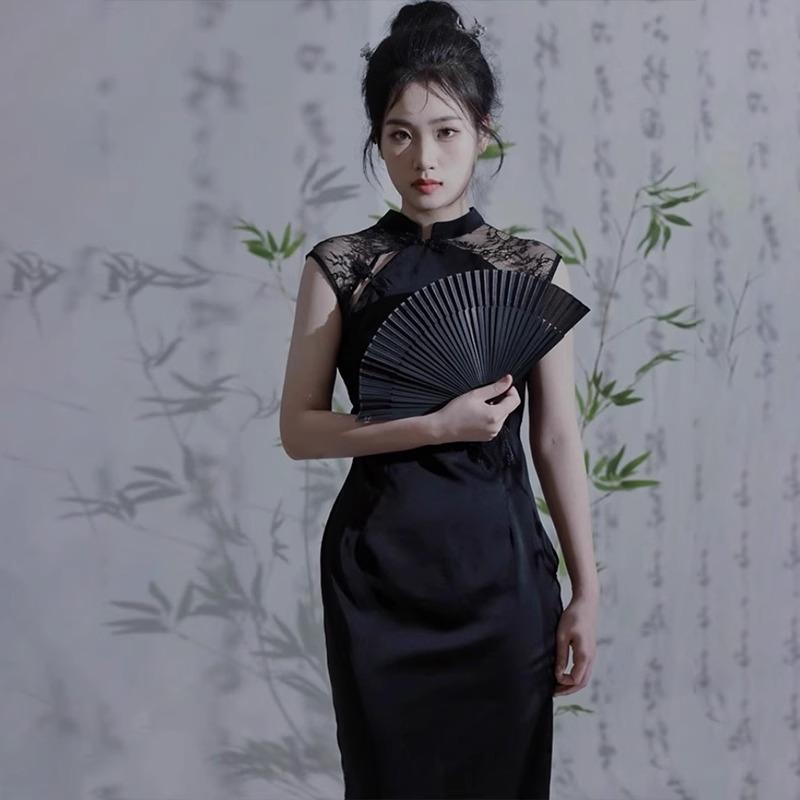 レディース パーティー ドレス ワンピース バースデー イブニングドレス ハイエンド ライト 高級感 トースト 中華風 チャイナ ブラック レース バックレス 女性