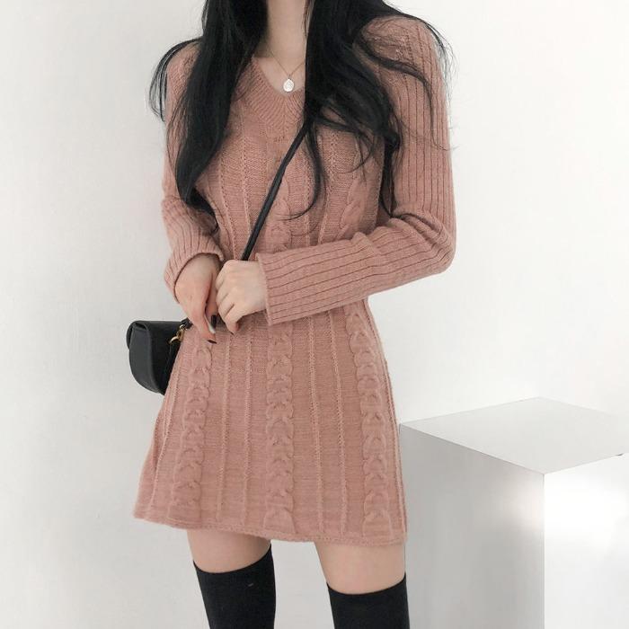 V-Neck - ドレス 秋 冬 長袖 ニット 韓国 シック フレンチ スリム ツイスト Vネック ボトム セーター ショート 女性