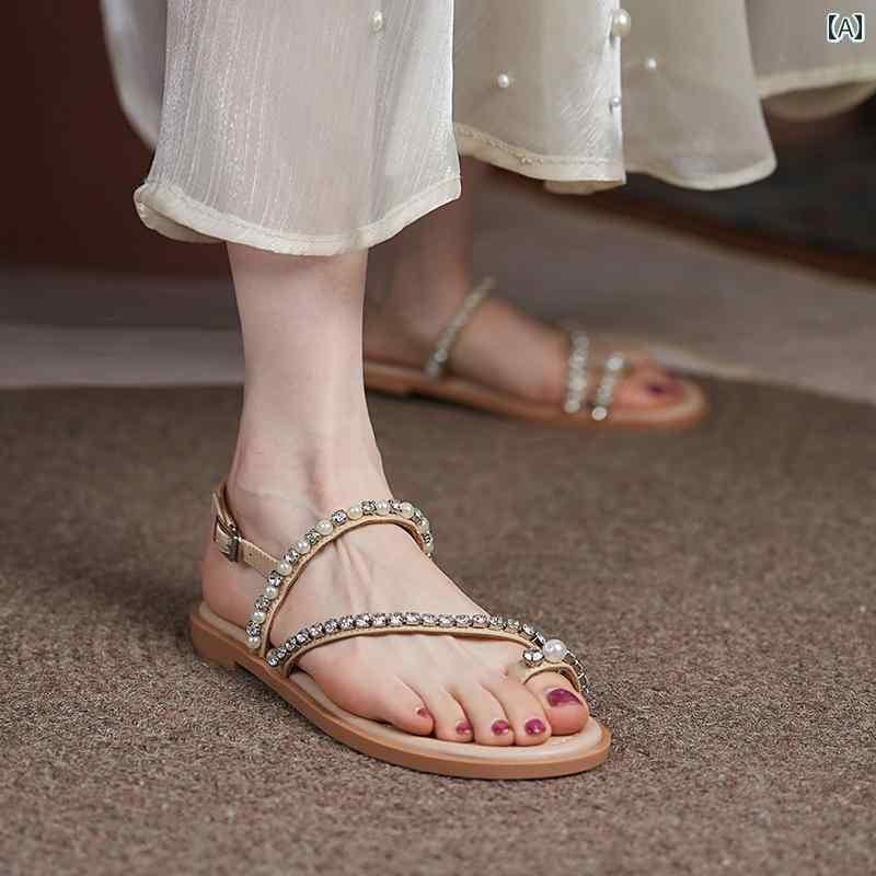 レディース 夏 ラインストーン サンダル ビーチ プール リゾート おしゃれ 歩きやい ローマ ワンピース レディース 夏 フラット フェアリー 柔らかい ソー...