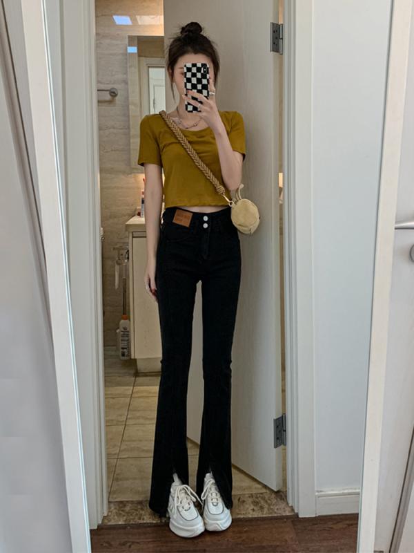 Rakuten - ジーンズ デニムパンツ カジュアル レディース 黒 スリット マイクロフレア 春 ハイウエスト ベルボトム パンツ コットンストレッチ