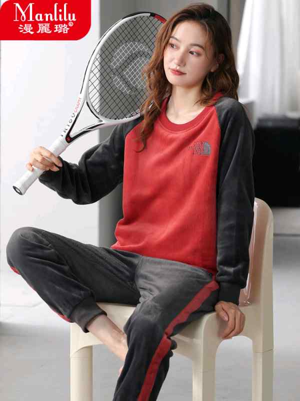 フリースパジャマ 秋冬 厚手 外 レディース スポーツ フランネル 暖かい スーツ ラウンドネック プルオーバー ホームウェア ルームウエア 部屋着 上下セット