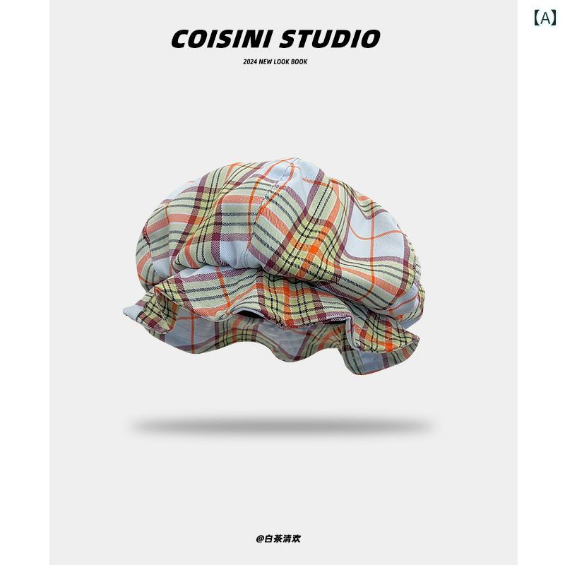 ベレー帽 フェミニン 春秋 レディース チェック 雲 韓国 大きめ頭囲 ユニーク クラゲの帽子 フィッシャーマンハット