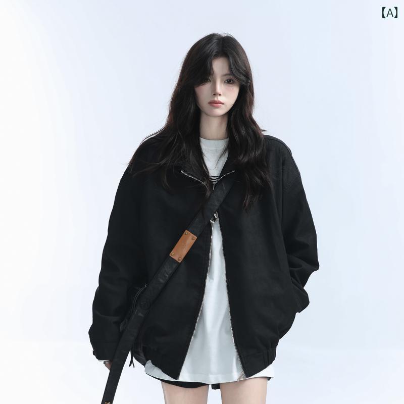 アウター ジャケット カジュアル おしゃれ 女の子 秋 茶 革 レトロ ジャケット レディース ユニセックス ヒップホップ ストリート ゆったり