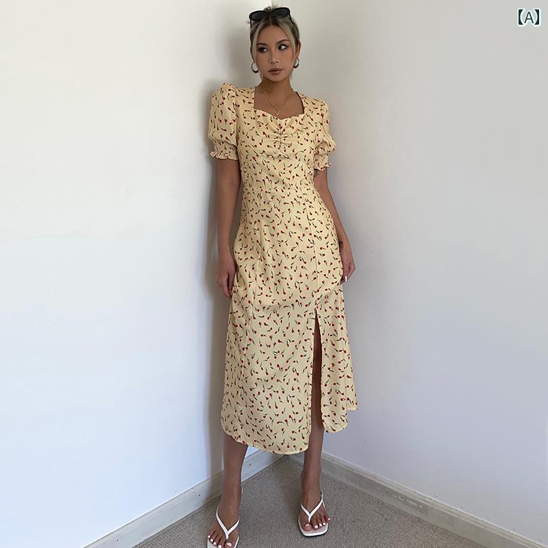 ワンピース レディース フレンチ ティーブレイクまた しっぱい スクエアネック スリット 黄 花柄 ドレス レディース 夏 ロング ドレス