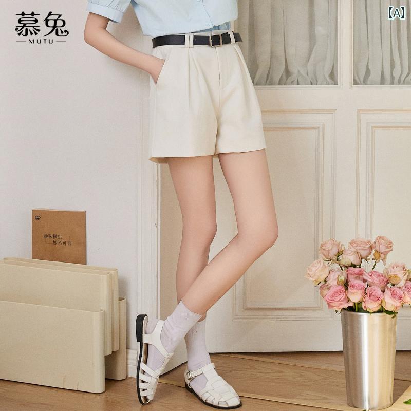 レディース 夏 カジュアル パンツ ショート ボトムス レトロ コーヒー カラー ストレート ショーツ 女性 小さい ハイウエスト ワイド レッグ