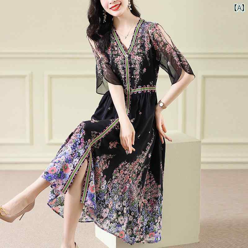 ワンピース ママ ドレス 夏 レディース マキシ丈 Vネック 花柄 レディース レトロ スカート 韓国 パフスリーブ エレガント