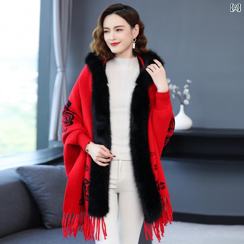 レディース 冬 ショール マント 母 大きい 毛皮 襟 チャイナ ドレス 厚手