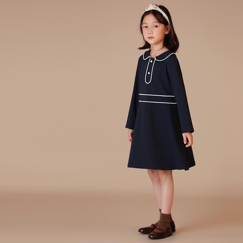 ドレス ワンピース キッズ かわいい ナチュラル 子供服 冬 親子 和風 シンプル 無地 人形 襟 コントラスト スプライシング 長袖