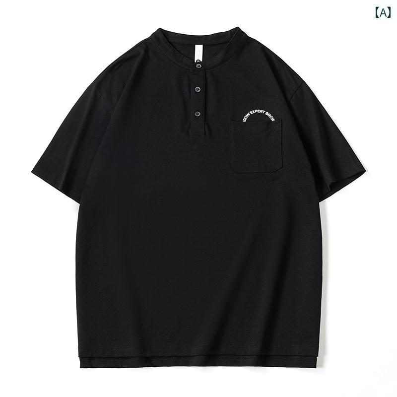 tシャツ 夏 半袖 メンズ Tシャツ ストリート ポロシャツ トップス テキスト レジャー ゆったり ポケット ラウンドネック