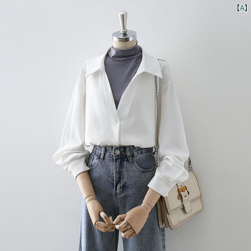 Long-Sleeved - レディース シャツ ブラウス 暖かい V ネック フェイク ツーピース パッチワークシャツ 女性 秋冬 長袖 トップス