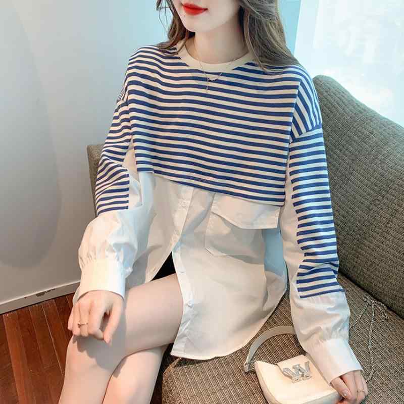 シャツ レディース 秋 春 フェイク ツーピース ストライプ 女性 韓国 ラウンドネック トップス