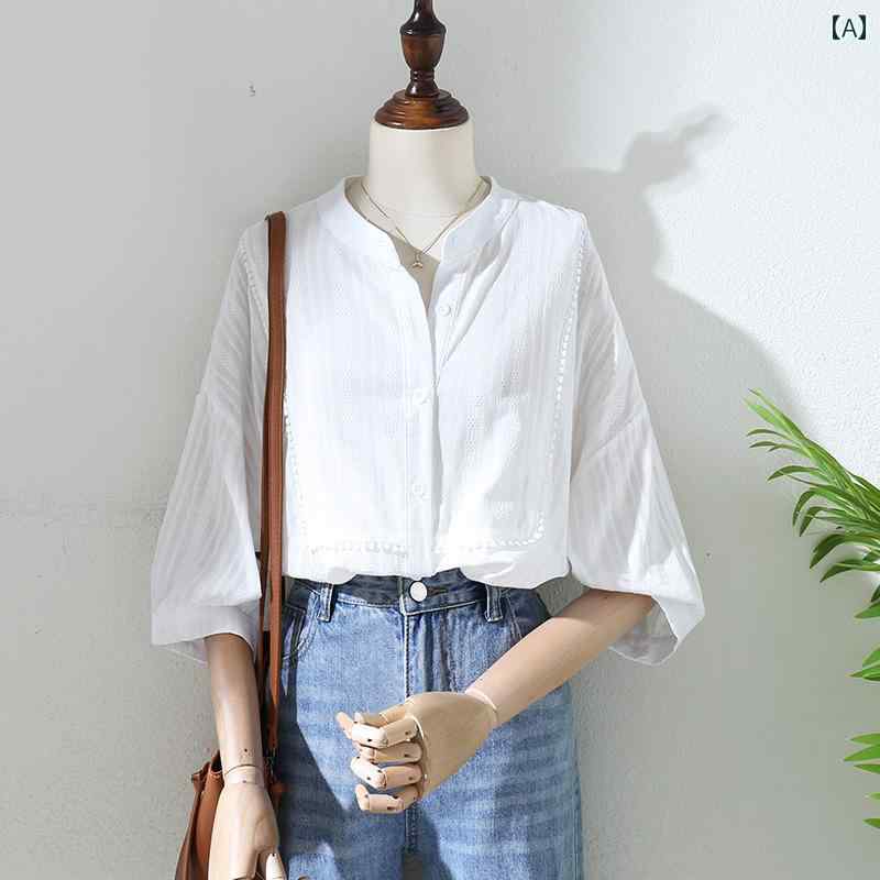 樂天商城 - シャツ トップス 立ち襟 ブラウス レディース おしゃれ 夏 多目的 小さい スタンドカラー 白 女性 ストレート 五分袖 カジュアル シック
