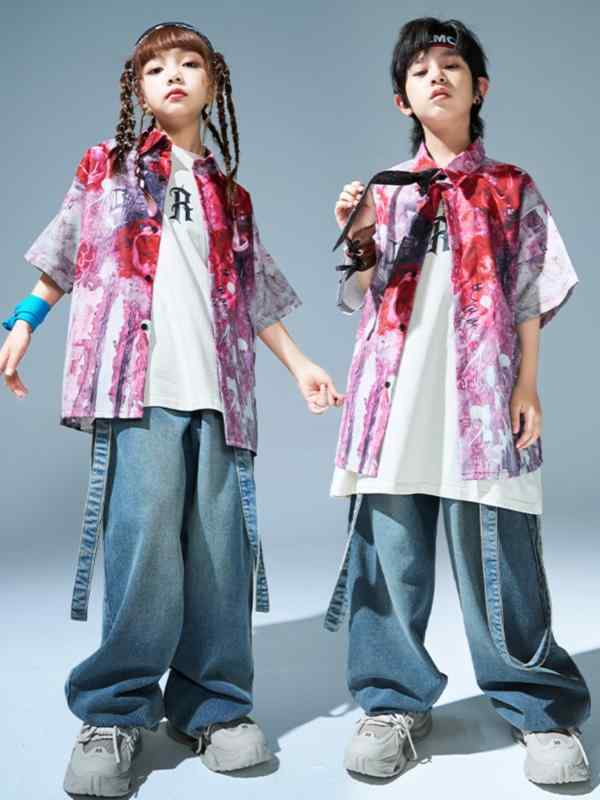 子供服 キッズ ダンスウェア 花柄 デニム ヒップホップ パフォーマンス ストリート...