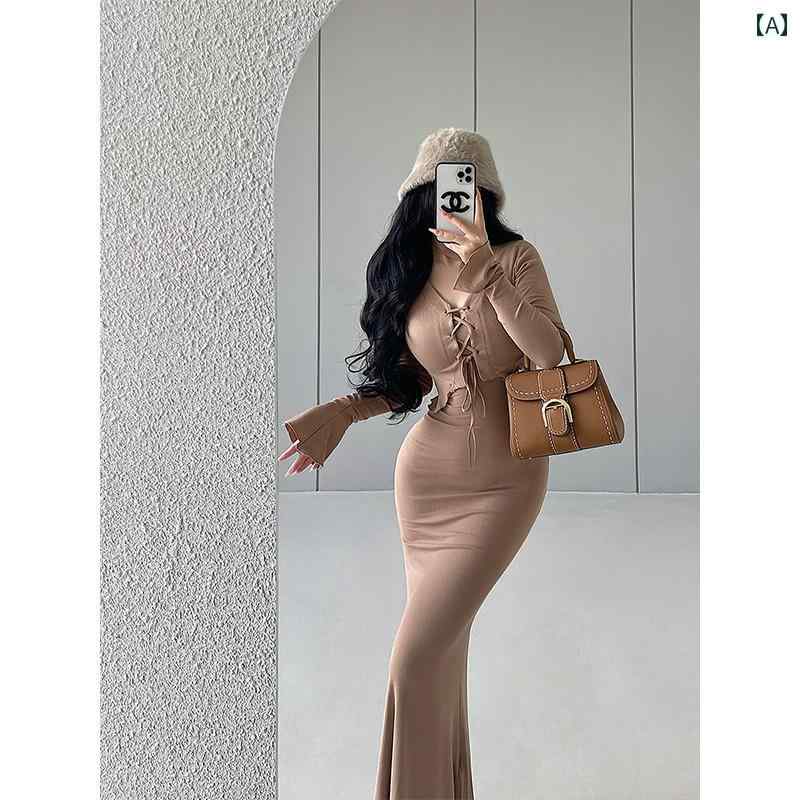 レディース ワンピース 魅惑的 スリム 長袖 レースカーディガン 尻 フィッシュ テール サスペンダー ドレス スーツ