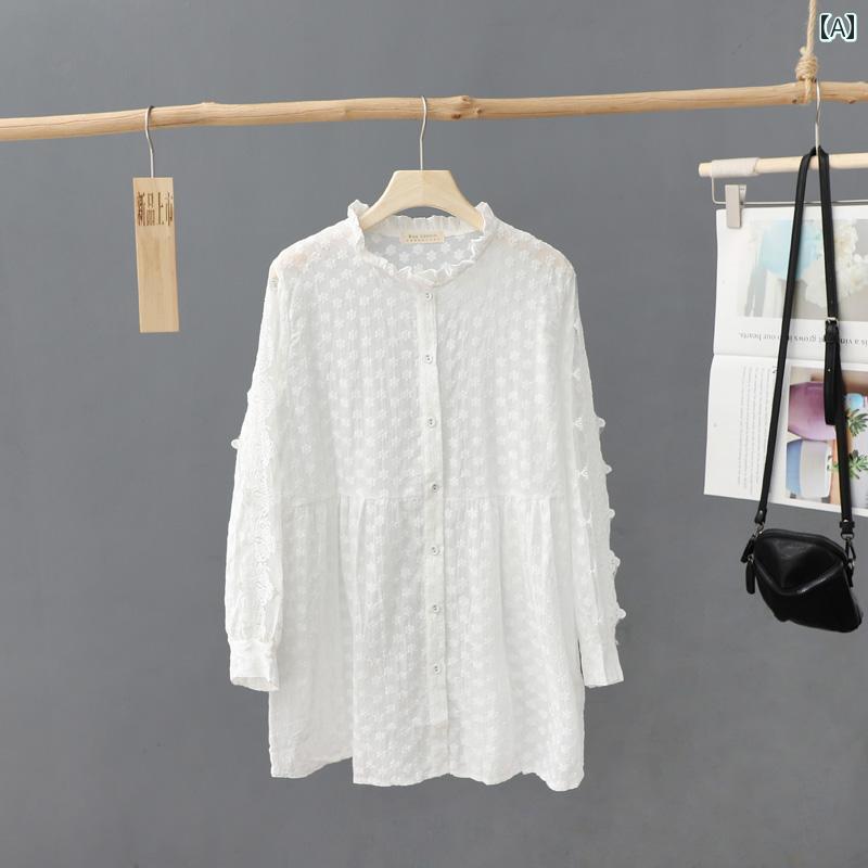 シャツ トップス シャツ スカート シャツ レディース カジュアル 普段着 爽やか お母さん 婦人服 ミドル丈 レース カラー レース スプライシング ベビー ドール 刺繍入り