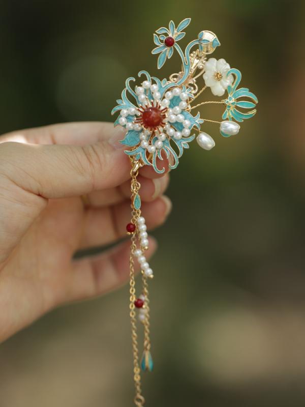 ヘアアクセサリー かわいい 髪飾り レトロ 漢服 チャイナ バーント ブルー クリップ ヘッドバンド ヘアクリップ サイドクリップ