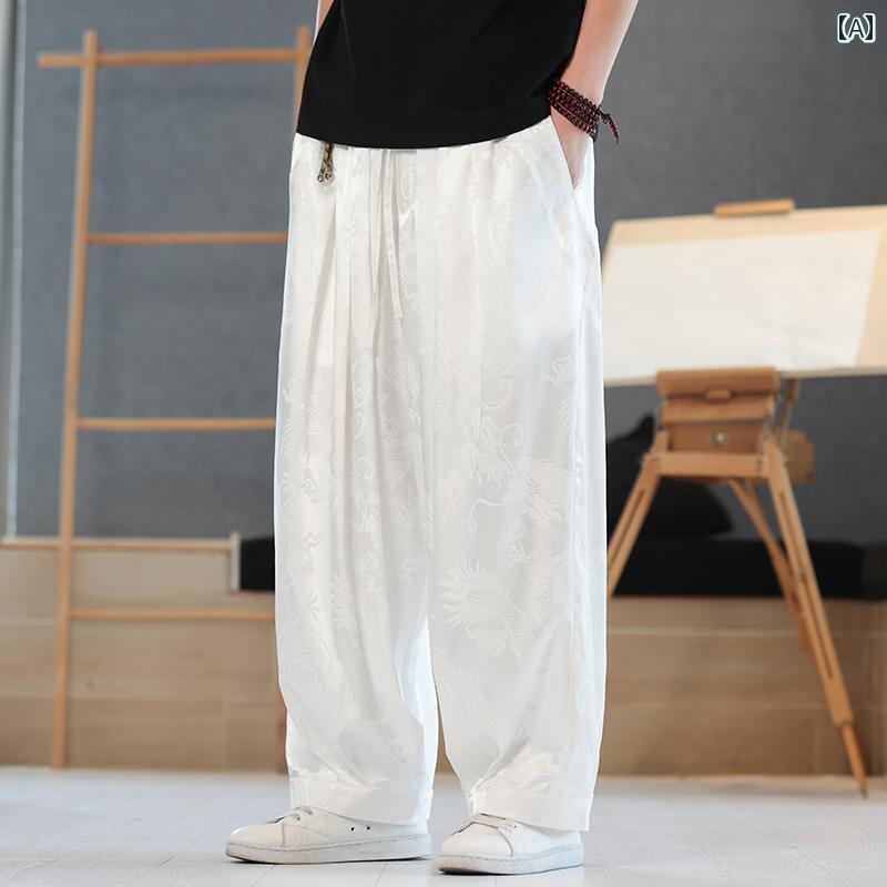 メンズ 中国 韓服 チャイナ風 夏 涼しげ ドラゴン 柄 ストレート パンツ ワイドレッグ 大きいサイズ カジュアル 九分丈