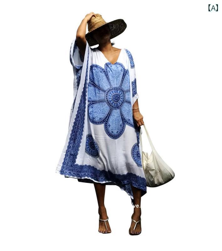 レディース リゾート ワンピース ローブ 大 理 旅行 休暇 青 染め プリント ビーチ ドレス カバー アップ ロング スカート カフタン