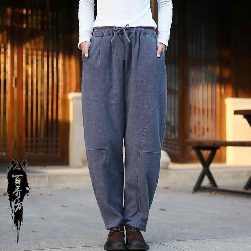 ワイドパンツ ナチュラル 信徒服 レディース 冬 ズボン 厚手 芸術 ゆったり チャイナ風 レトロ 瞑想 綿麻 リネン ロング ウエストゴム ウエスト紐 ステッチ ポケットのサムネイル