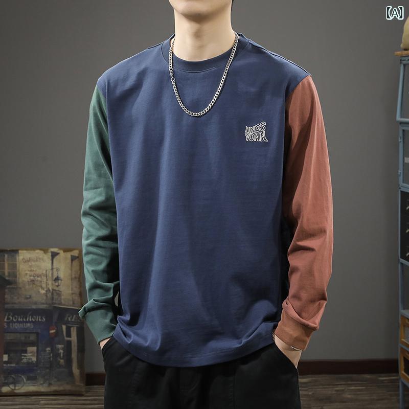 メンズ アメカジ トップス アメリカン レトロ 長袖 Tシャツ 春 綿 ラウンドネック カジュアル 薄手 スウェット