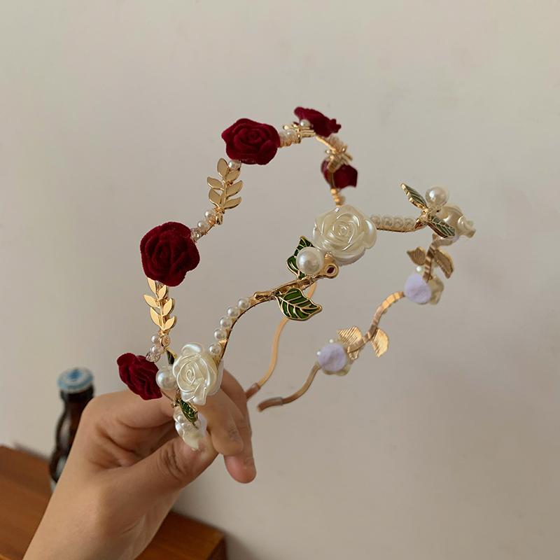 ヘアアクセサリー フレンチ レトロ ローズパール ヘッドバンド 冬 ヘアピン カチューシャ