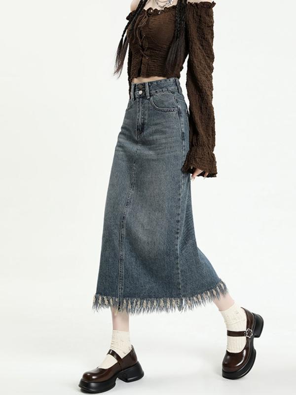 スカート レディース 秋 春 スリム レトロ ロー エッジ タッセル スリット ウォッシュデニム ロング