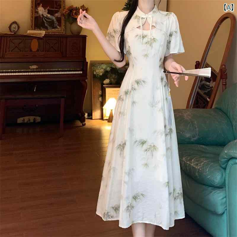 レディース ファッション ワンピース シフォン チャイナ風 アオザイ チャイナドレス 夏 大きいサイズ お腹カバー スリム ドレス
