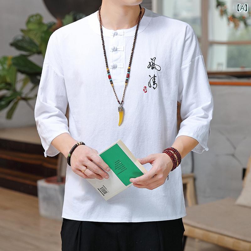 メンズ カジュアル 夏 T シャツ トップス 中華風 サマー ウェア かっこいい 普段着 日常使い リネン 薄手 綿麻 七分袖 綿 刺繍 唐 スーツ