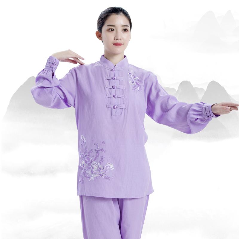 カンフー ウェア 体操 トレーニング 太極拳服 レディース 夏 麻混紡刺繍 長袖 半袖 武術 トレーニング服 軽量 武術