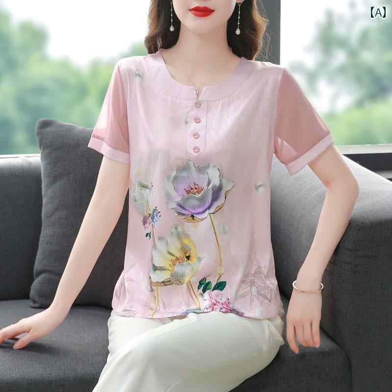 シャツ ブラウス Tシャツ 花柄 半袖 夏 マザーズ アーバン ノーブル スタイリッシュ ショッピング オフィス 学校行事 快適コーデ レディース