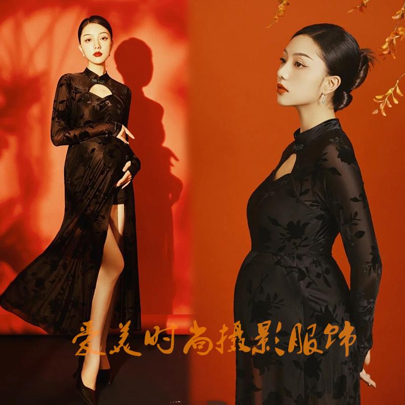 マタニティ おしゃれ フォト 衣装 シンプル 写真 スタジオ 撮影 美しい 黒 レース 妊婦 フリーサイズ ドレス チャイナ風 長袖 ロング スリット