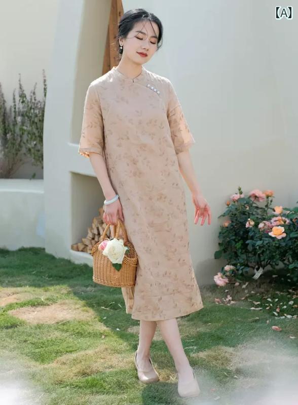 レディース 夏 チャイニーズ スタイル ワンピース おしゃれ 上品 婦人服 レトロ 刺繍 ラミー ドレス 女性 スリム スタンドカラー チャイナ コットンリネン スカート(4)