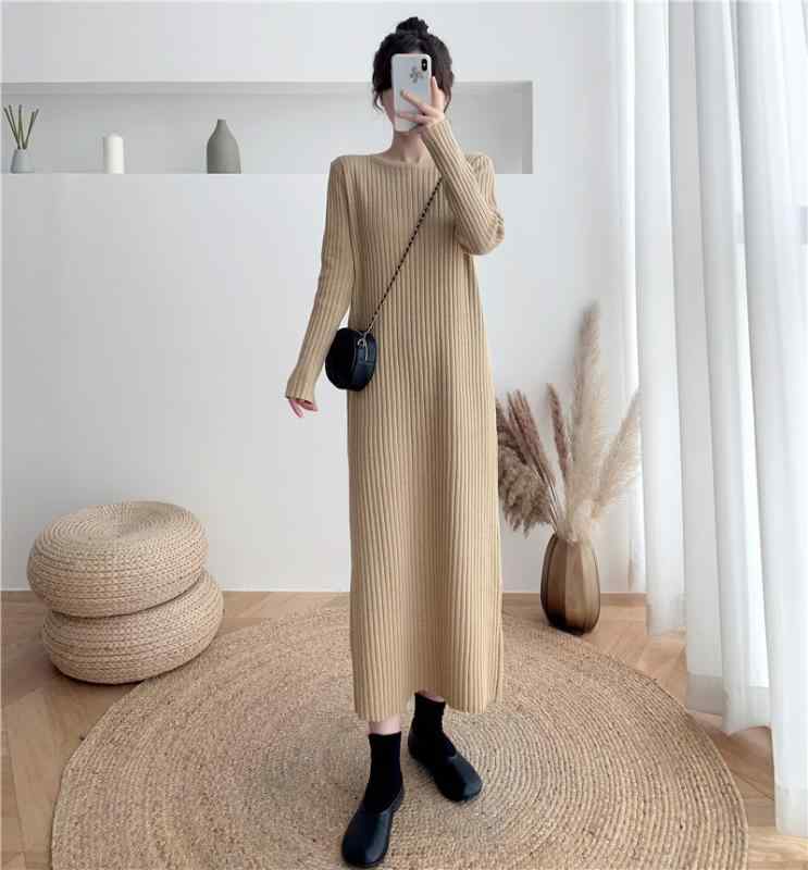 ワンピース ラウンドネック セーター ドレス レディース 秋冬 ゆったり スリム 丈 ボトニング ニット スカート コート ファッション