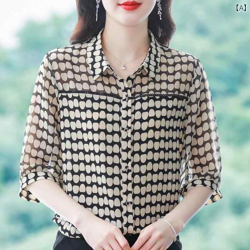Women's summer blouse, three-quarter sleeve, women's clothing, top, shirt, blouse, chiffon, elegant, suitable for commuting, office, polka dot.