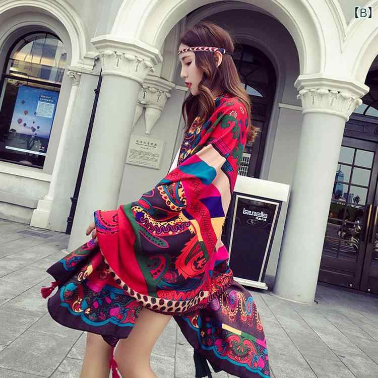 秋 春 夏 特大 暖かい 綿 リネン スカーフ 女性 麗江 旅行 日焼け防止 レッド エスニック 写真 ショール