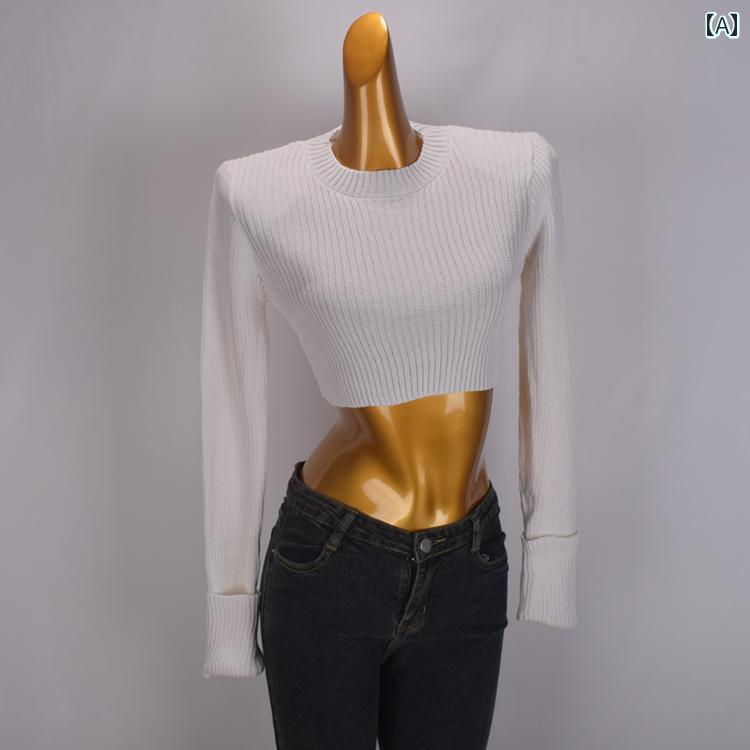 Rakuten - レディース ファッション 春 薄手 ラウンドネック クール ニット セーター ショート プルオーバー 長袖 ソリッドカラー トップス