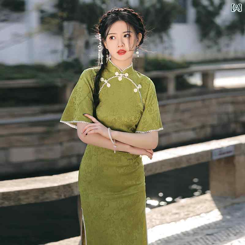 旗袍 - レディース チャイナ ドレス エレガント ワンピース 撮影 衣装 グリーン レース 秋 レトロ ハイエンド 逆袖 レディ