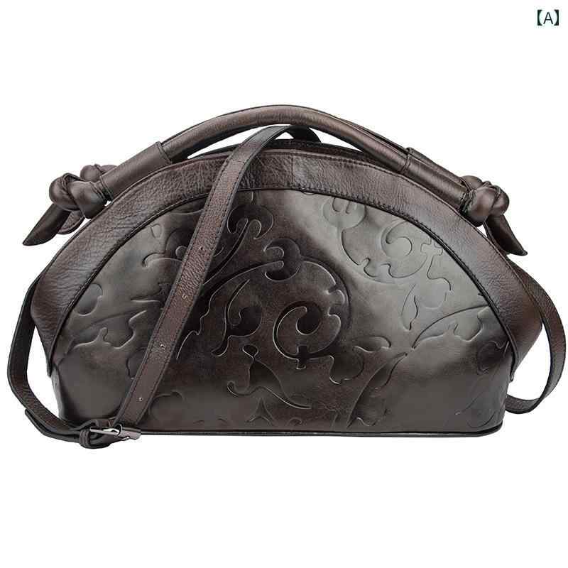 レディース カジュアル レトロ ハンドバッグ 革 バッグ 最上層 牛革 ショルダー クロス ボディバッグ エンボス 加工 シェル