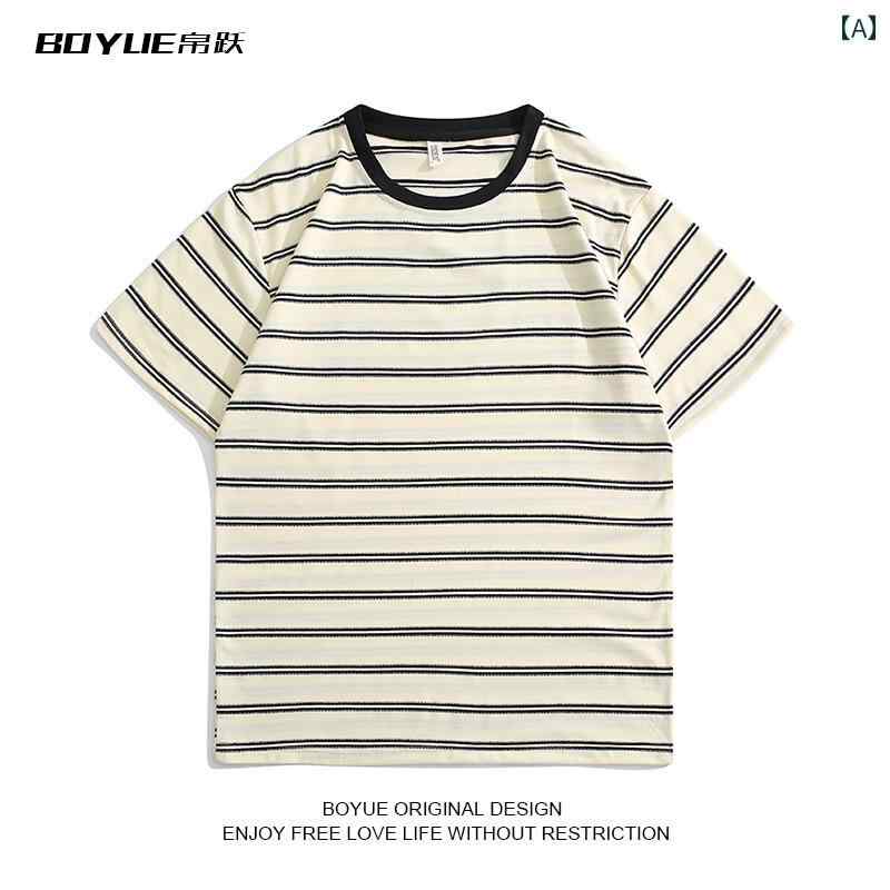 トップス シャツ Tシャツ メンズ レディース ユエ ボーイッシュ デイリー 快適 ストライプ 半袖 ゆったり シンプル カップル 七分袖