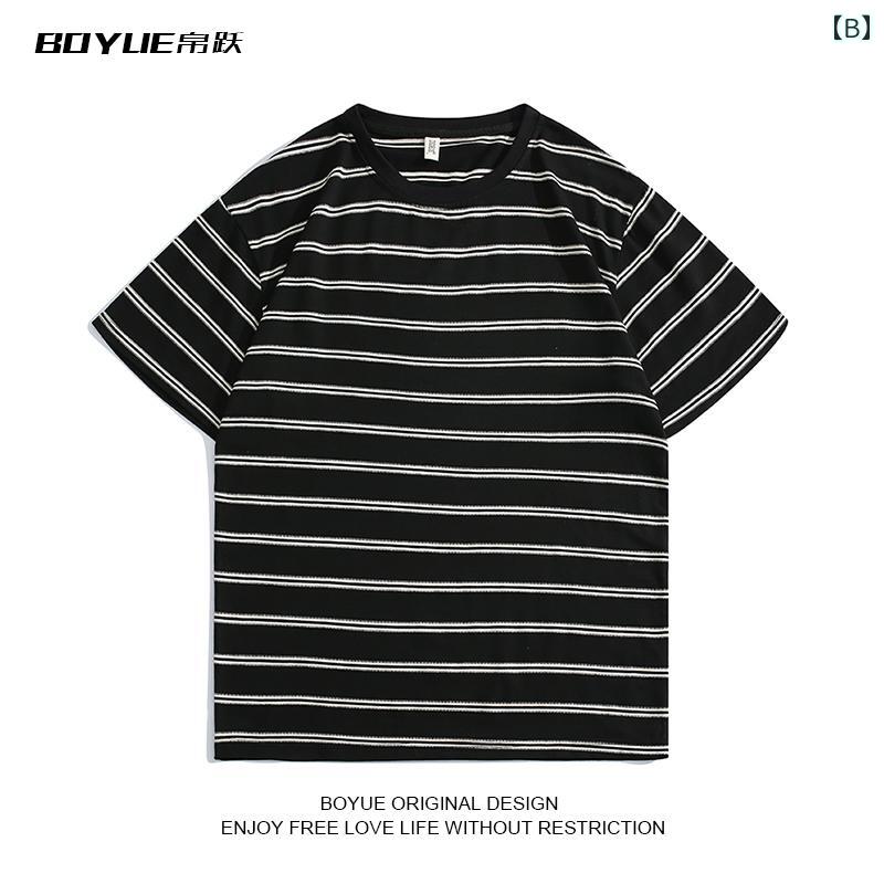 トップス シャツ Tシャツ メンズ レディース ユエ ボーイッシュ デイリー 快適 ストライプ 半袖 ゆったり シンプル カップル 七分袖