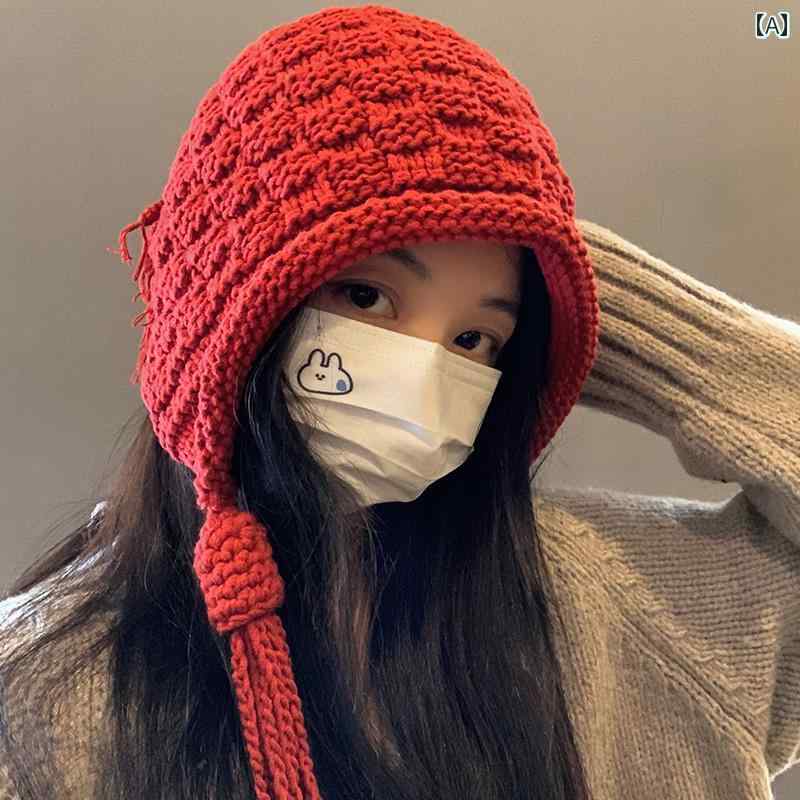 ニット帽 ボヘミアン カジュアル 帽子 レディース 女の子 耳保護 秋冬 レディース 厚手 ウール 無地 暖かい ロング ネクタイ かわいい