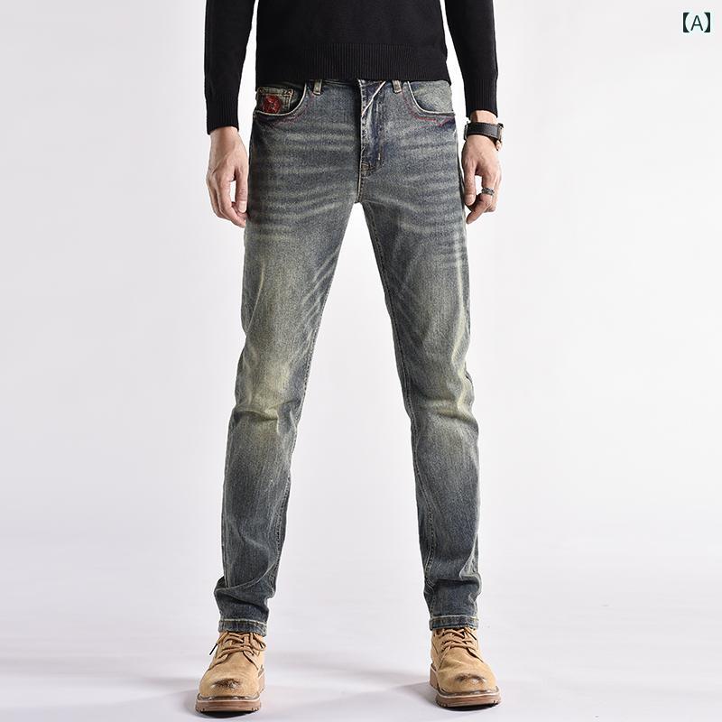 Skinney Pants - デニムパンツ ジーンズ メンズ スリム デニム ストレート メンズ レトロ ストレッチ 快適 ロング パンツ 刺繍 オールシーズン通 カジュアル