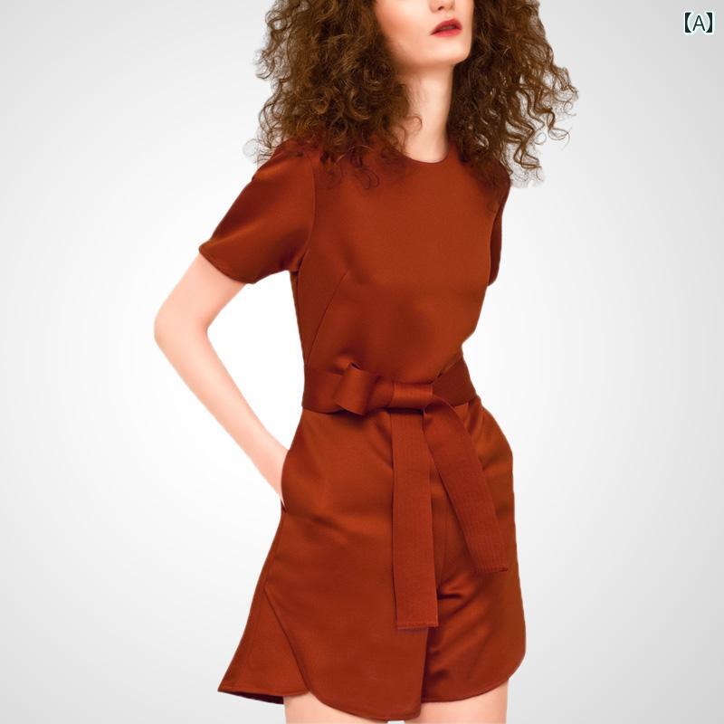 レディース ファッション ワンピース エレガント カジュアル 半袖 ジャンプ スーツ 夏 ラウンドネック ミドルウエスト スリム レディース